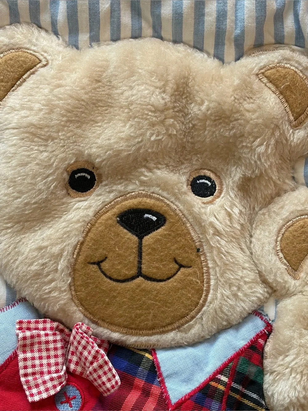 Vintage NoJo USA Teddy Bear Baby Blanket Quilt Playmat Ruffle Blue Striped 90s